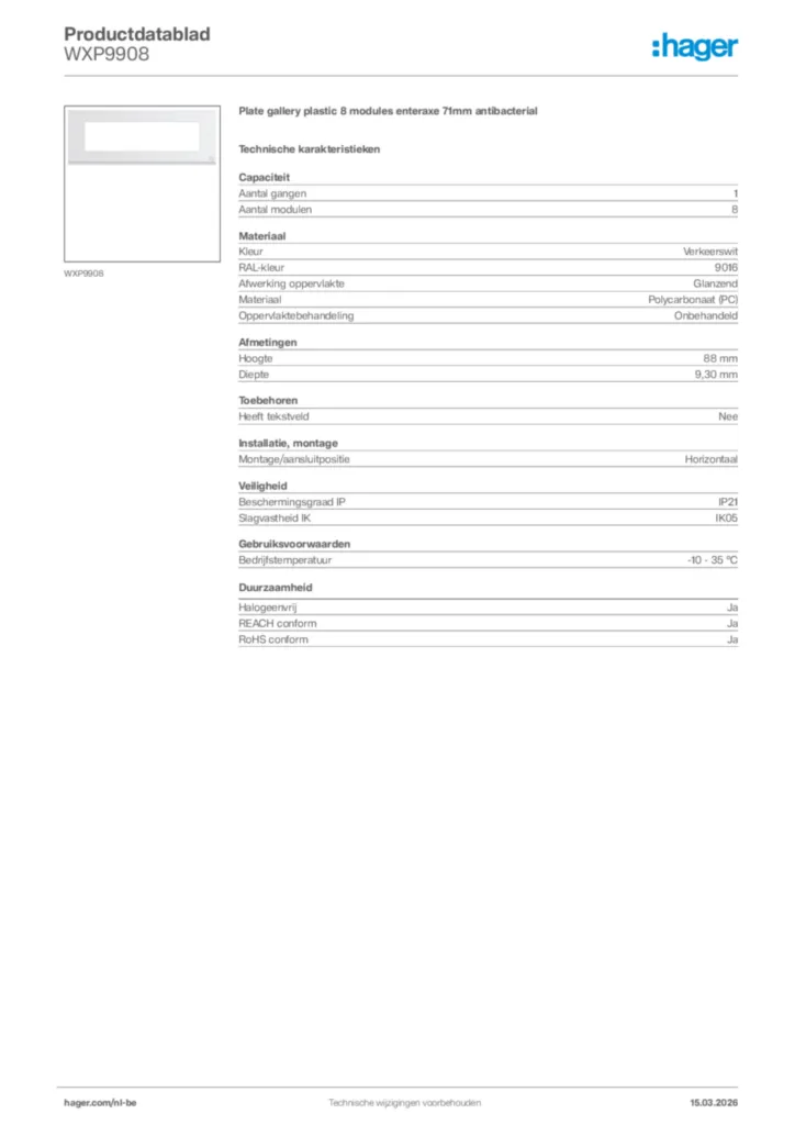 Afbeelding Hager Productdatablad WXP9908 | Hager Belgium