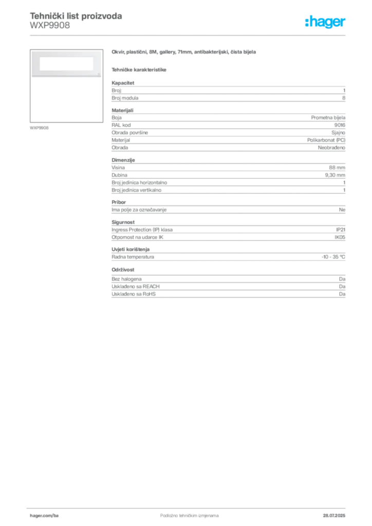 Slika Hager Product data sheet WXP9908  | Hager