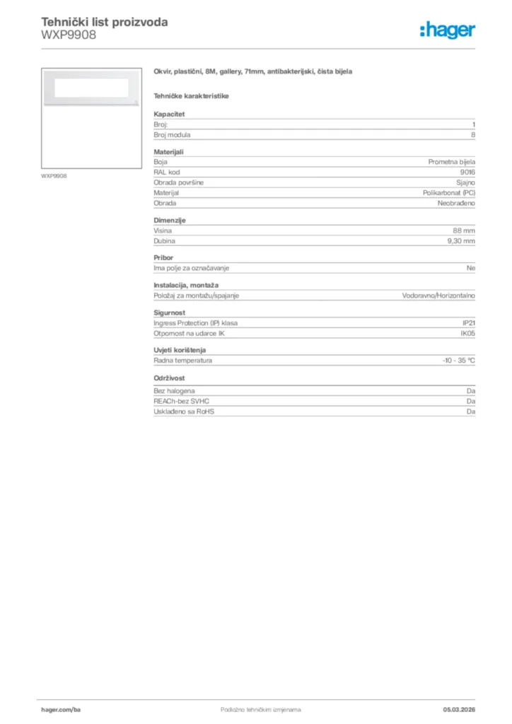 Slika Hager Tehnički list proizvoda WXP9908  | Hager