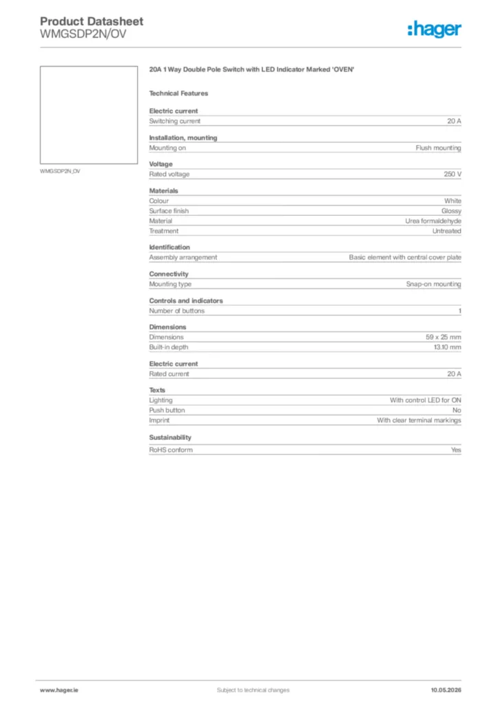 Image Hager Product data sheet WMGSDP2N/OV  | Hager