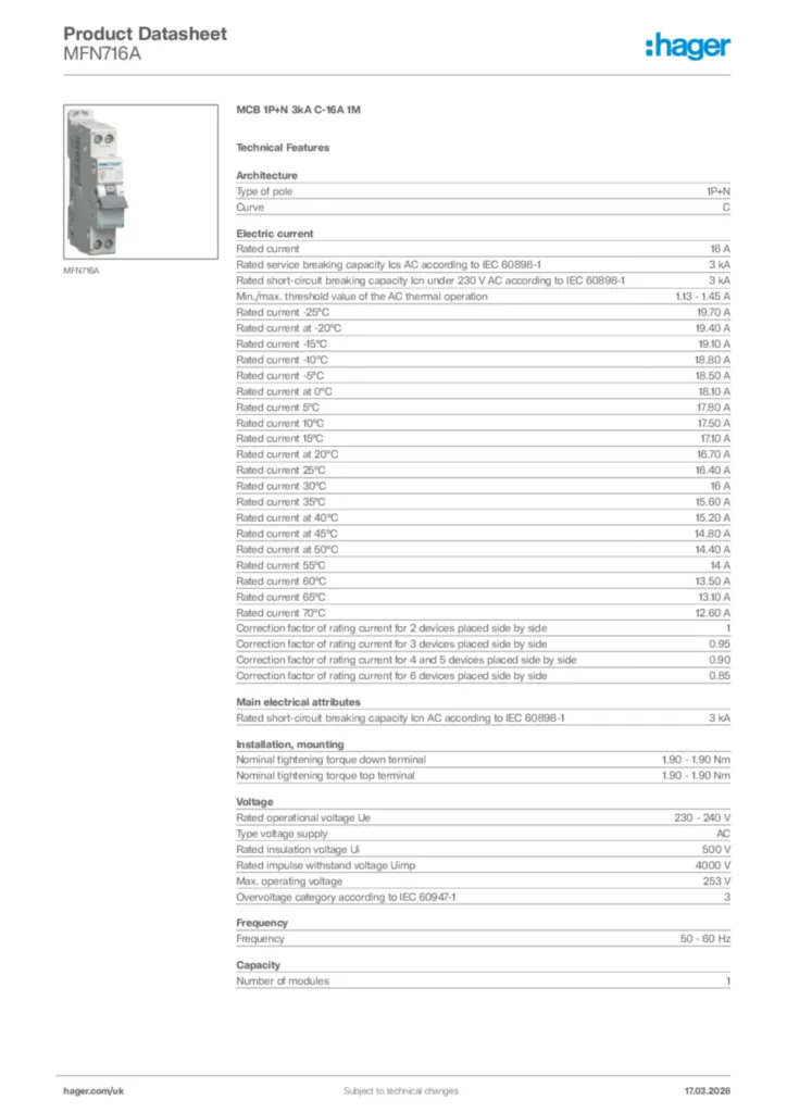 Image Hager Product data sheet MFN716A  | Hager