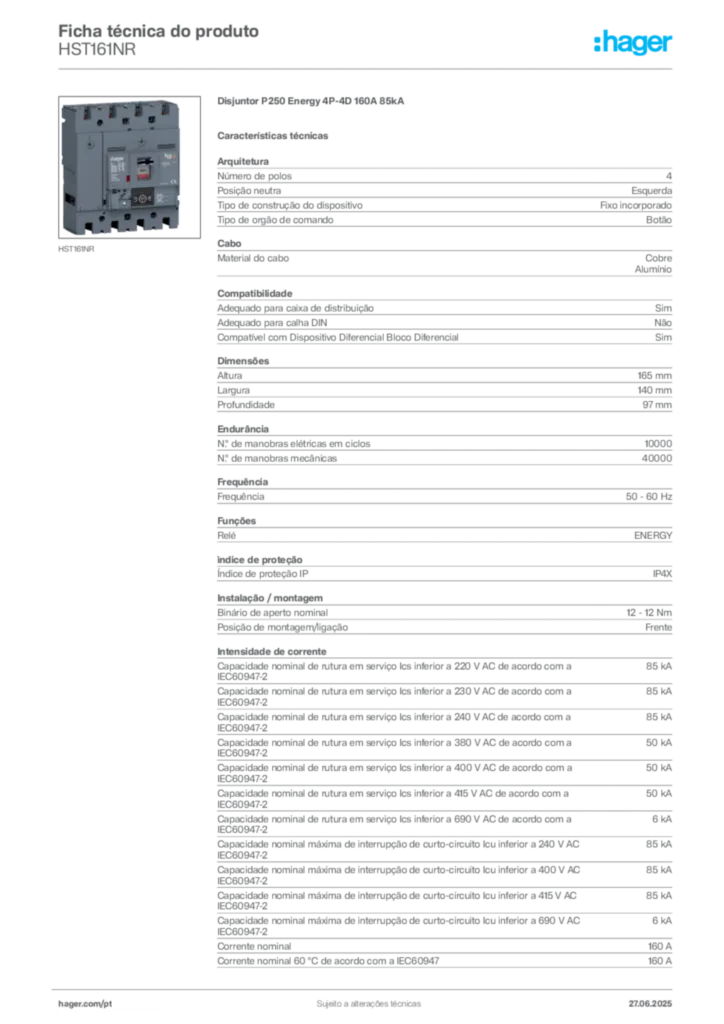 Imagem Hager Ficha técnica do produto HST161NR | Hager Portugal