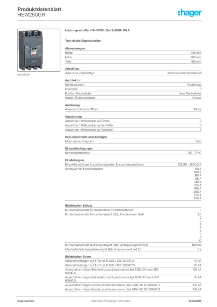 Bild Hager Produktdatenblatt HEW250GR | Hager Deutschland