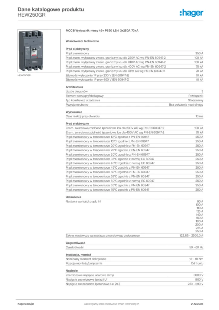 Zdjęcie Hager Dane katalogowe produktu HEW250GR | Hager Polska