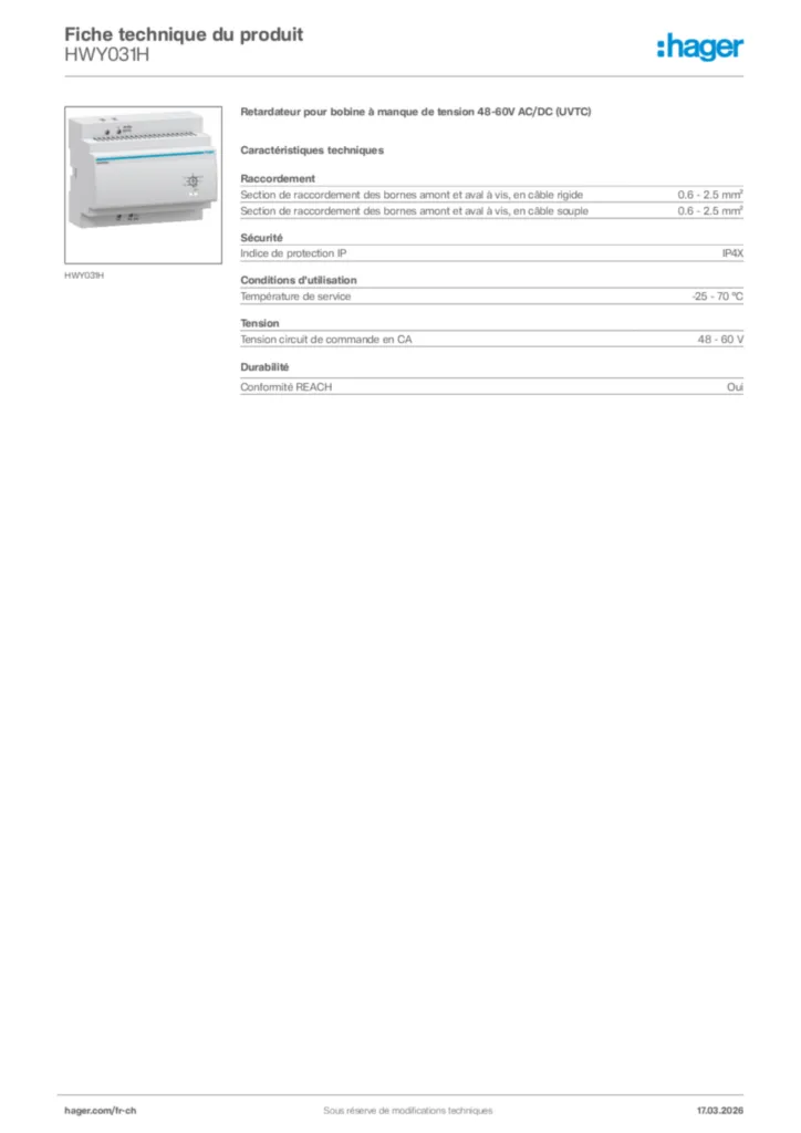 Image Hager Fiche technique du produit HWY031H | Hager Suisse
