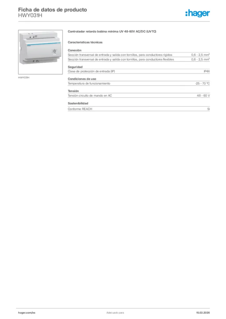 Imagen Hager Ficha de datos de producto HWY031H | Hager España