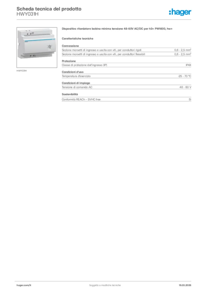 Immagine Hager Scheda tecnica del prodotto HWY031H | Hager Italia