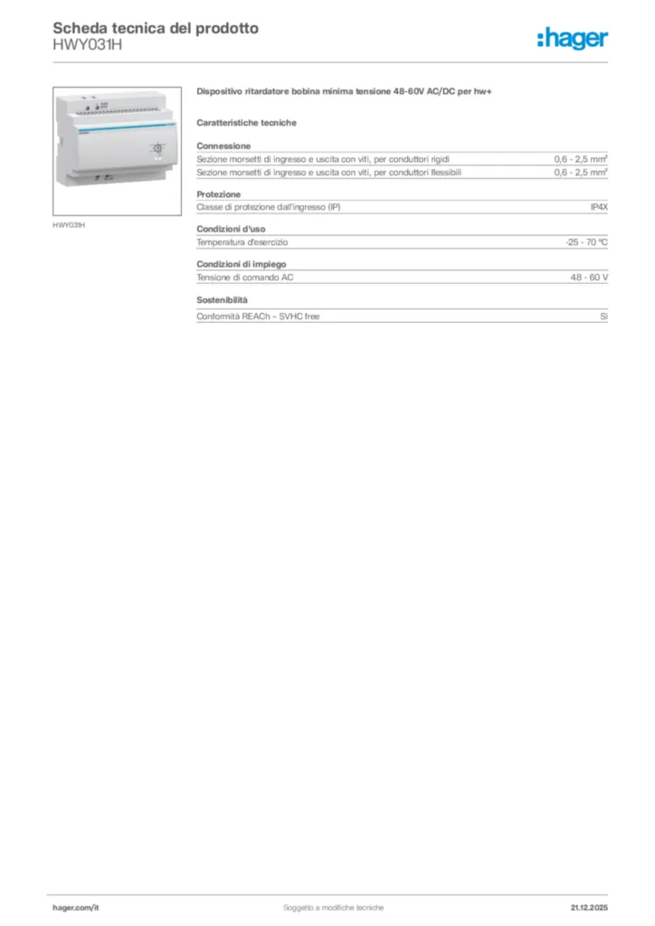 Immagine Hager Scheda tecnica del prodotto HWY031H | Hager Italia