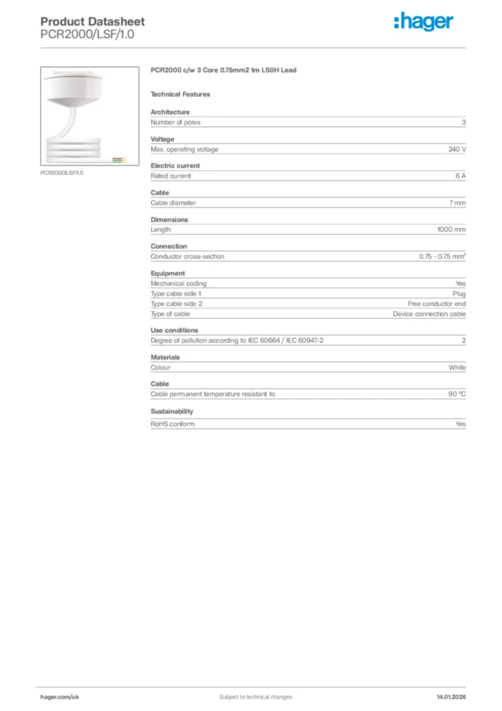 Image Hager Product data sheet PCR2000/LSF/1.0  | Hager