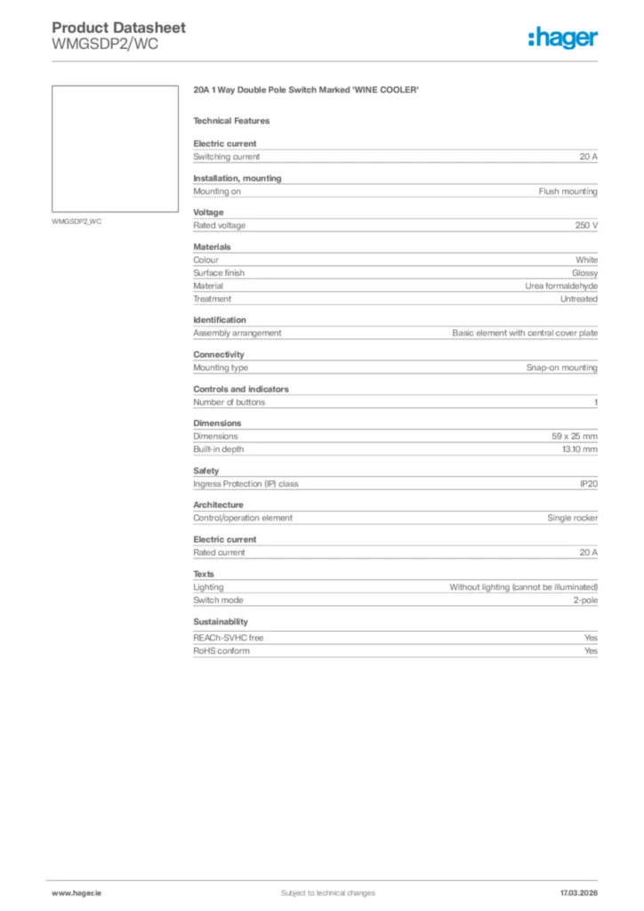 Image Hager Product data sheet WMGSDP2/WC  | Hager