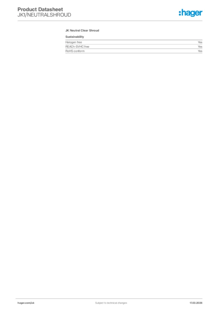 Image Hager Product data sheet JK1/NEUTRALSHROUD  | Hager
