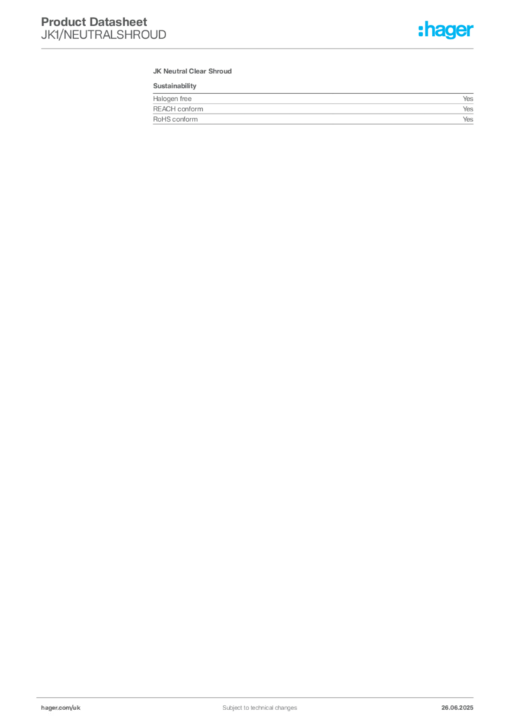Image Hager Product data sheet JK1/NEUTRALSHROUD  | Hager