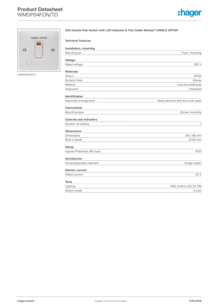 Image Hager Product data sheet WMDP84FON/TD  | Hager