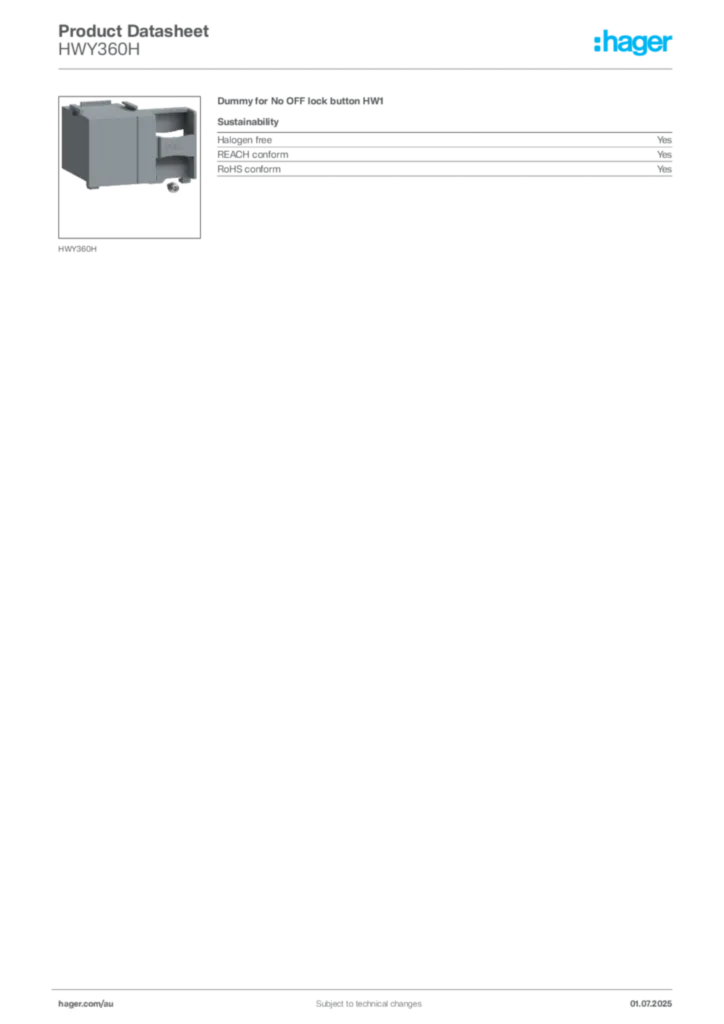 Image Hager Product data sheet HWY360H  | Hager Australia