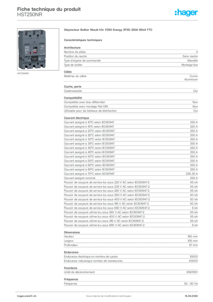 Image Hager Fiche technique du produit HST250NR | Hager Suisse