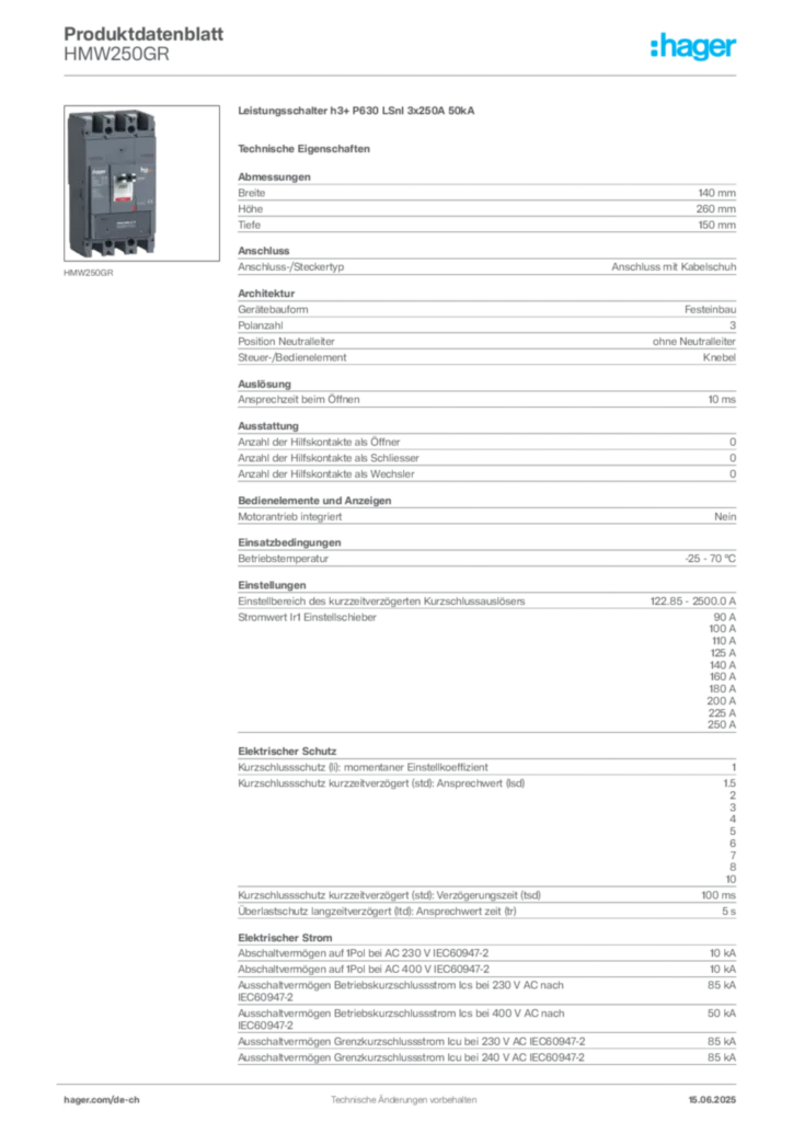 Bild Hager Produktdatenblatt HMW250GR | Hager Schweiz