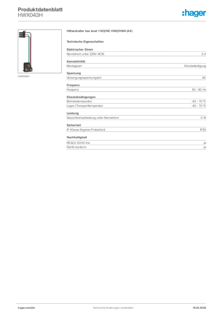 Bild Hager Produktdatenblatt HWX043H | Hager Deutschland