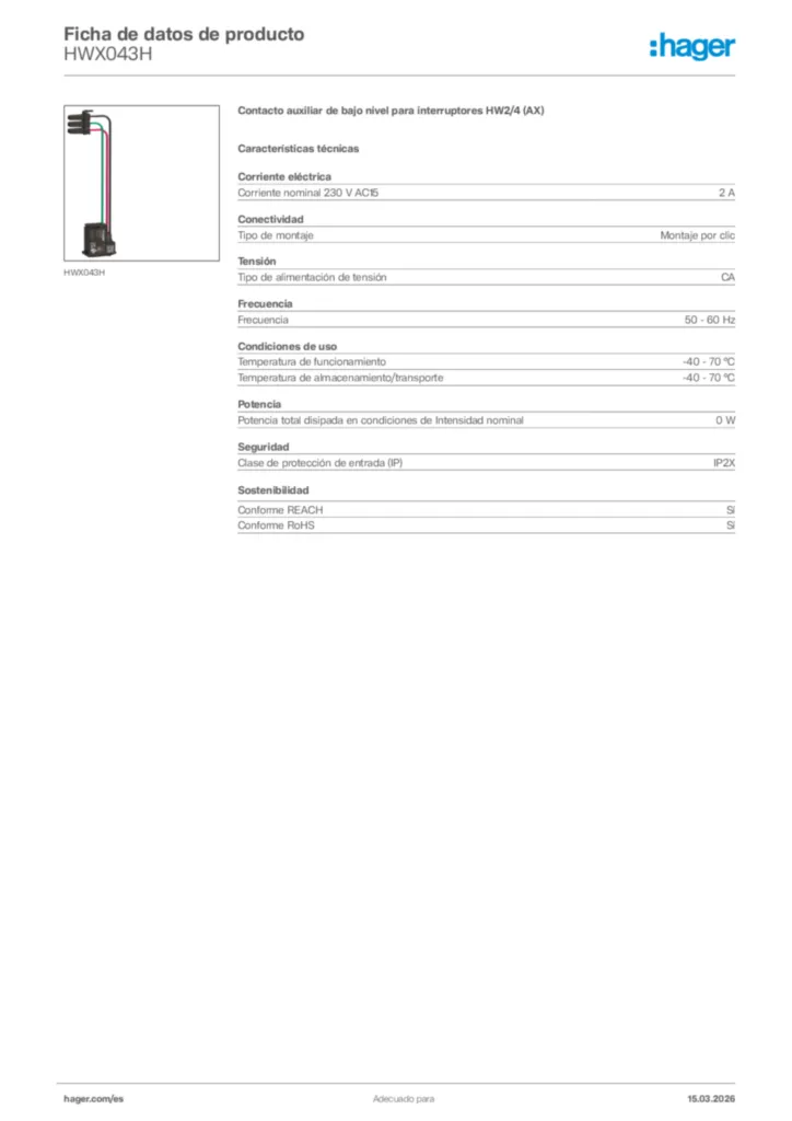 Imagen Hager Ficha de datos de producto HWX043H | Hager España