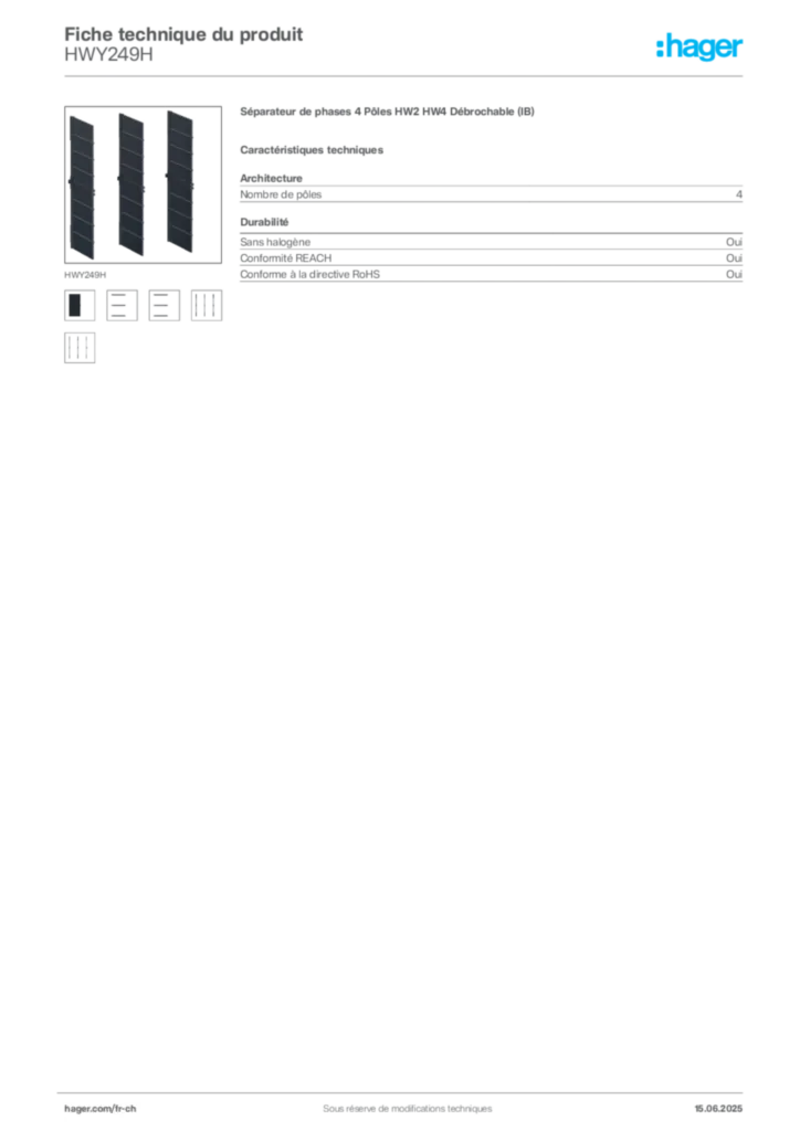 Image Hager Fiche technique du produit HWY249H | Hager Suisse