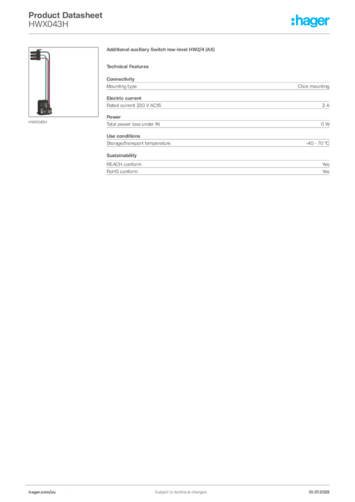 Image Hager Product data sheet HWX043H  | Hager Australia