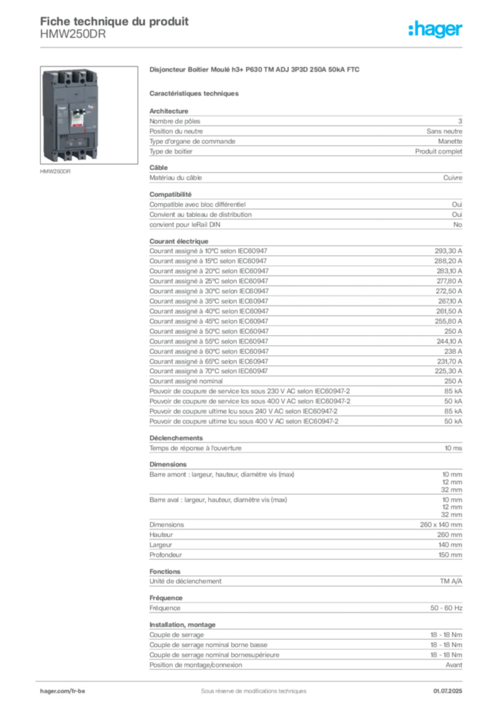 Image Hager Fiche technique du produit HMW250DR | Hager Belgique