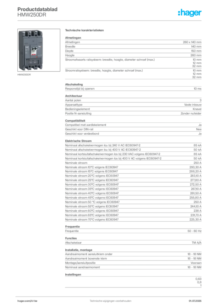 Afbeelding Hager Productdatablad HMW250DR | Hager Belgium