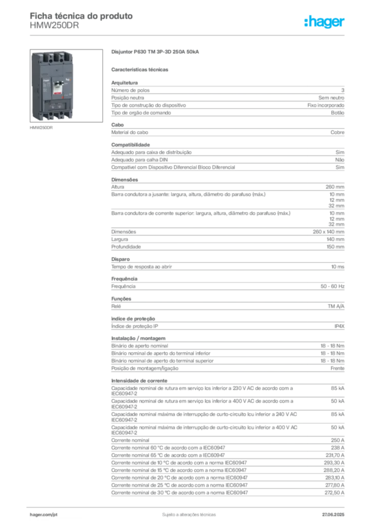 Imagem Hager Ficha técnica do produto HMW250DR | Hager Portugal