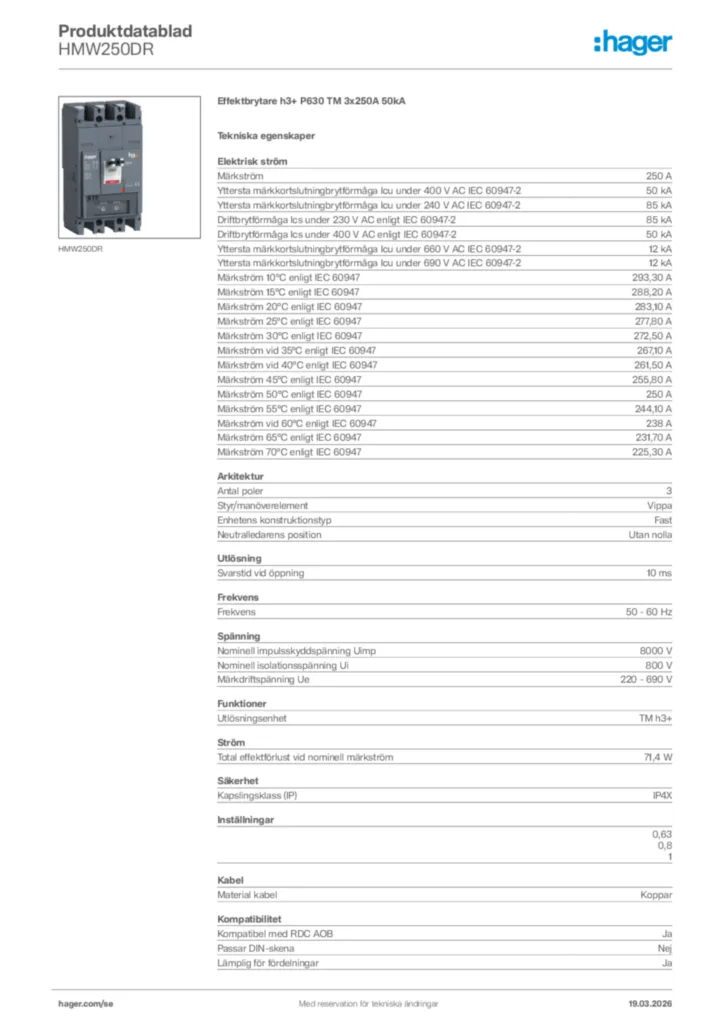 Bild Hager Produktdatablad HMW250DR | Hager Sverige