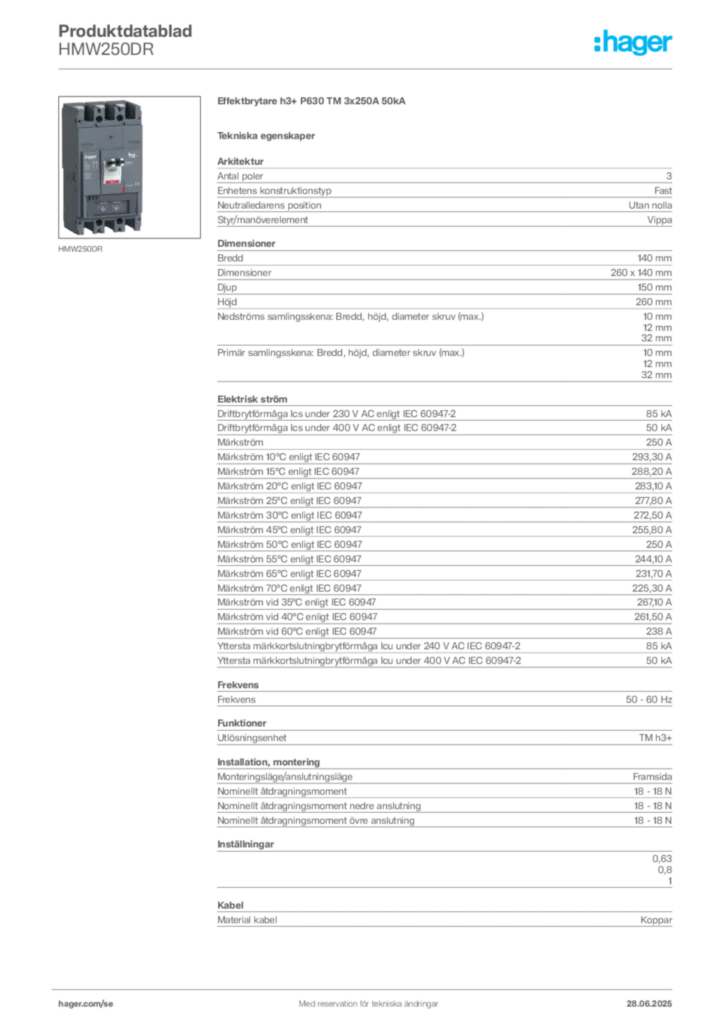 Bild Hager Produktdatablad HMW250DR | Hager Sverige