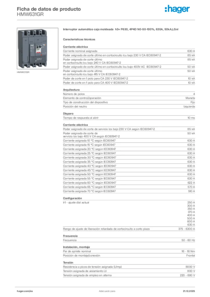 Imagen Hager Ficha de datos de producto HMW631GR | Hager España