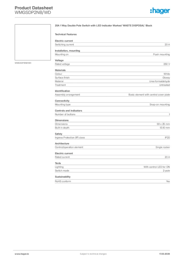 Image Hager Product data sheet WMGSDP2NB/WD  | Hager