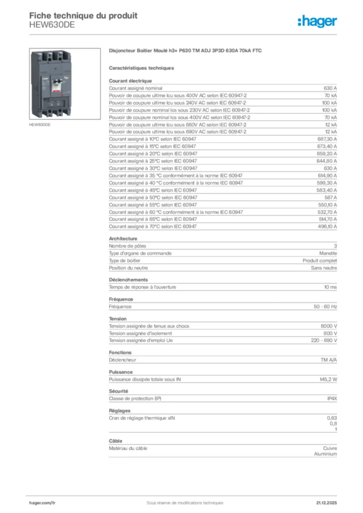 Image Hager Fiche technique du produit HEW630DE | Hager France