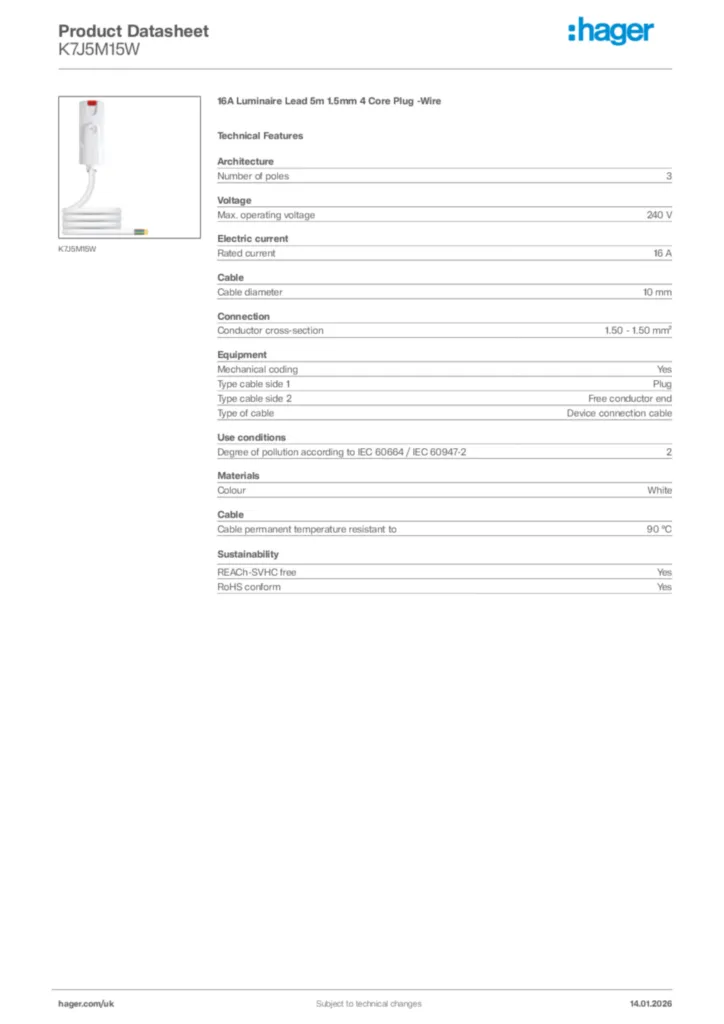 Image Hager Product data sheet K7J5M15W  | Hager