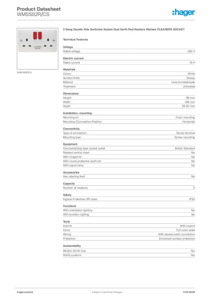 Image Hager Product data sheet WMSS82R/CS  | Hager