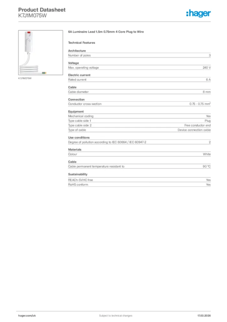 Image Hager Product data sheet K7J1M075W  | Hager