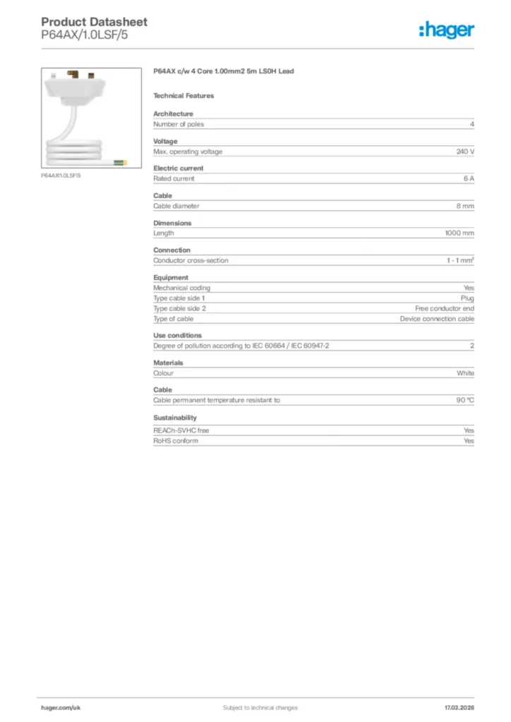Image Hager Product data sheet P64AX/1.0LSF/5  | Hager