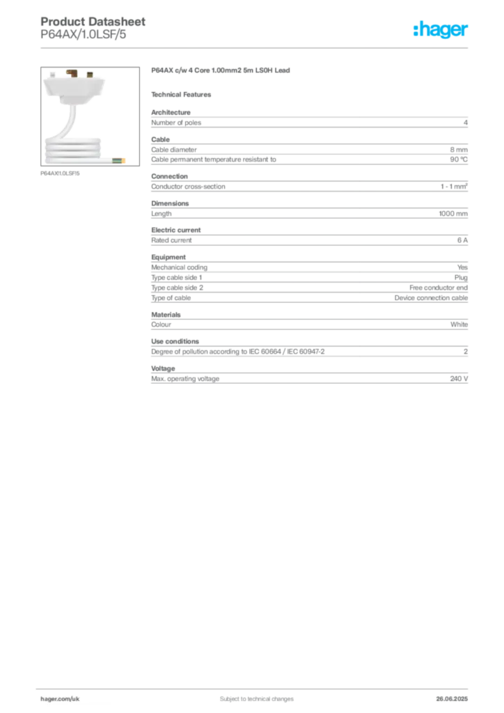 Image Hager Product data sheet P64AX/1.0LSF/5  | Hager