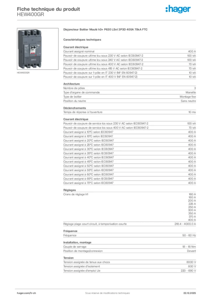 Image Hager Fiche technique du produit HEW400GR | Hager Suisse