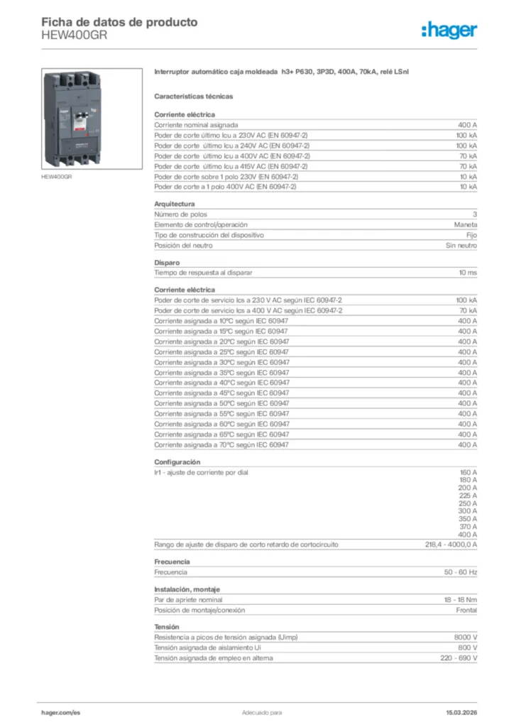Imagen Hager Ficha de datos de producto HEW400GR | Hager España