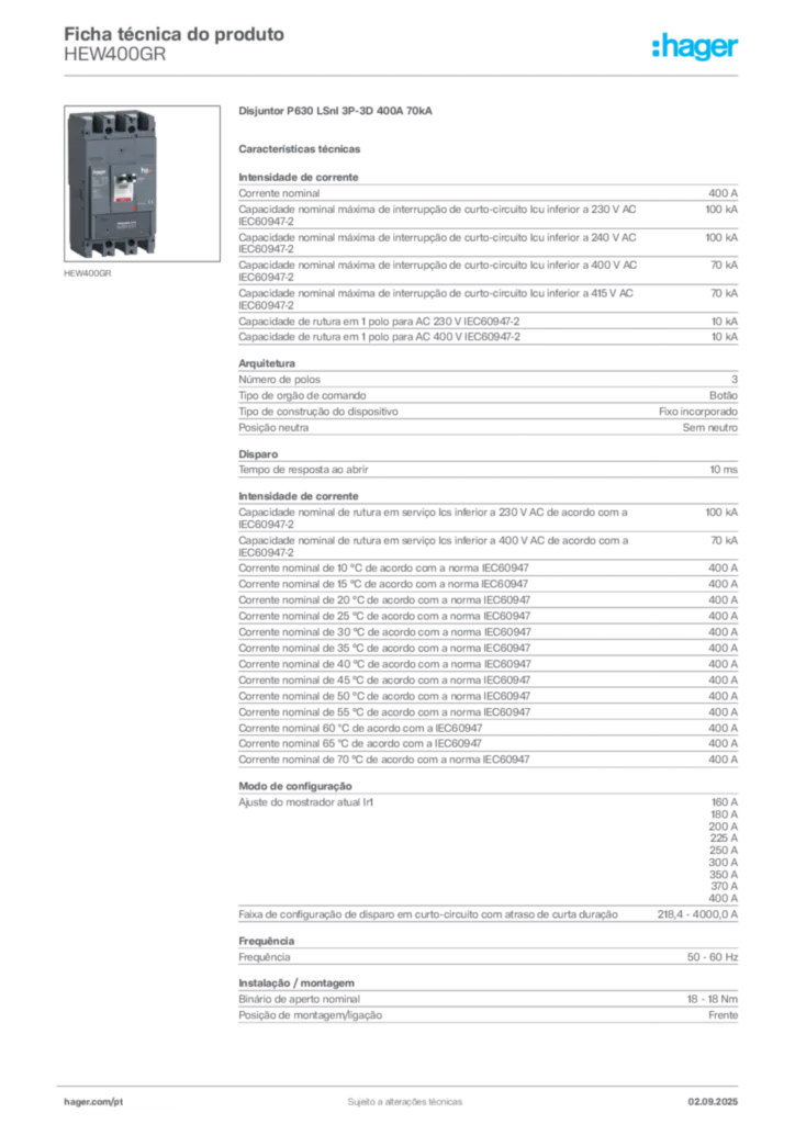Imagem Hager Ficha técnica do produto HEW400GR | Hager Portugal