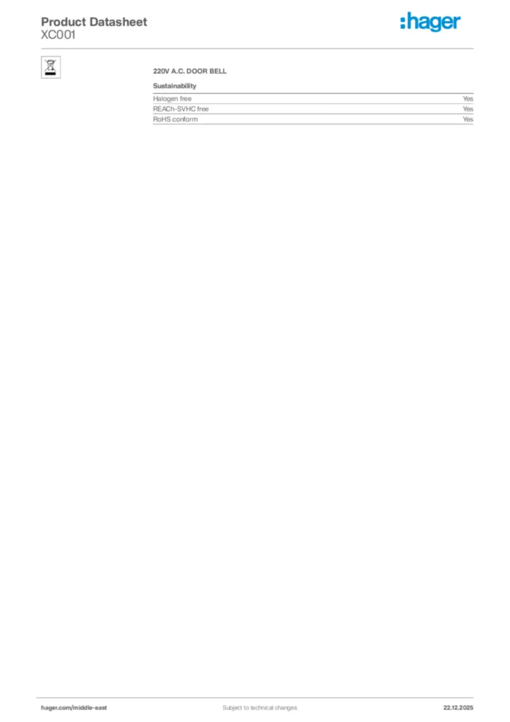 Image Hager Product data sheet XC001  | Hager
