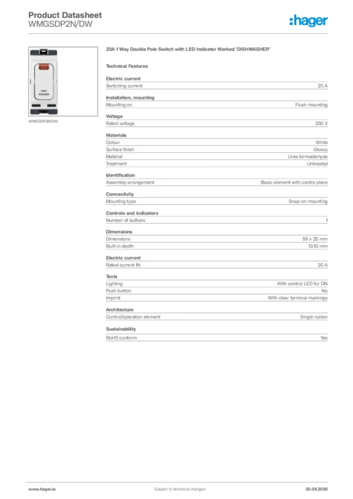 Image Hager Product data sheet WMGSDP2N/DW  | Hager