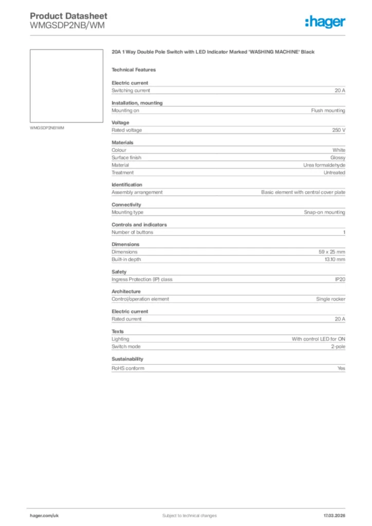 Image Hager Product data sheet WMGSDP2NB/WM  | Hager
