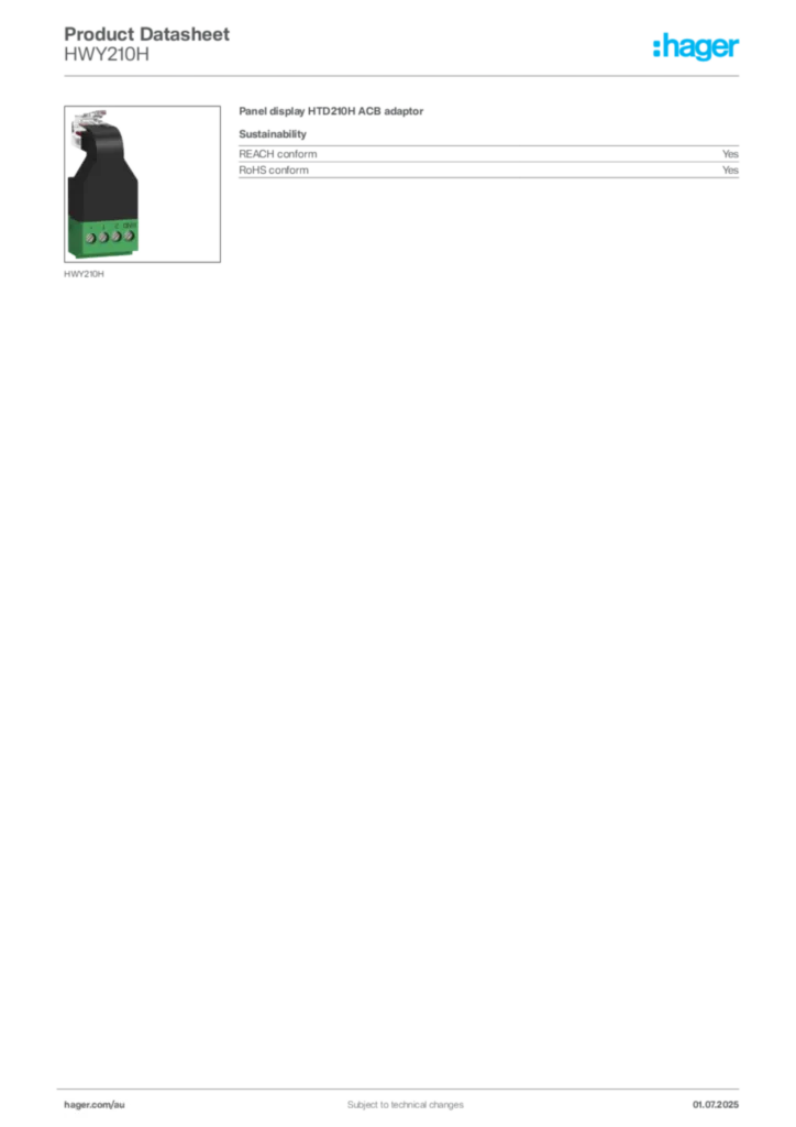 Image Hager Product data sheet HWY210H  | Hager Australia