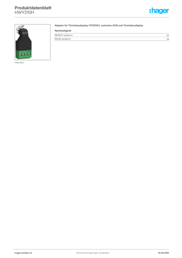 Bild Hager Produktdatenblatt HWY210H | Hager Schweiz