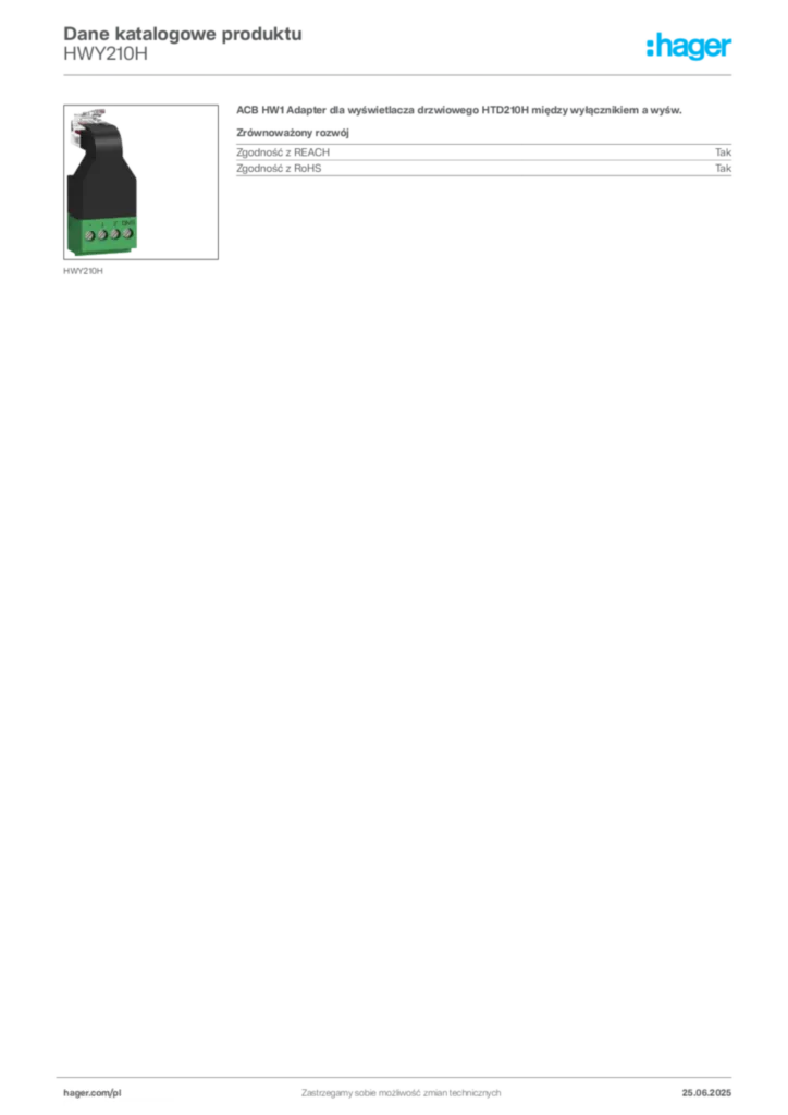 Zdjęcie Hager Dane katalogowe produktu HWY210H | Hager Polska