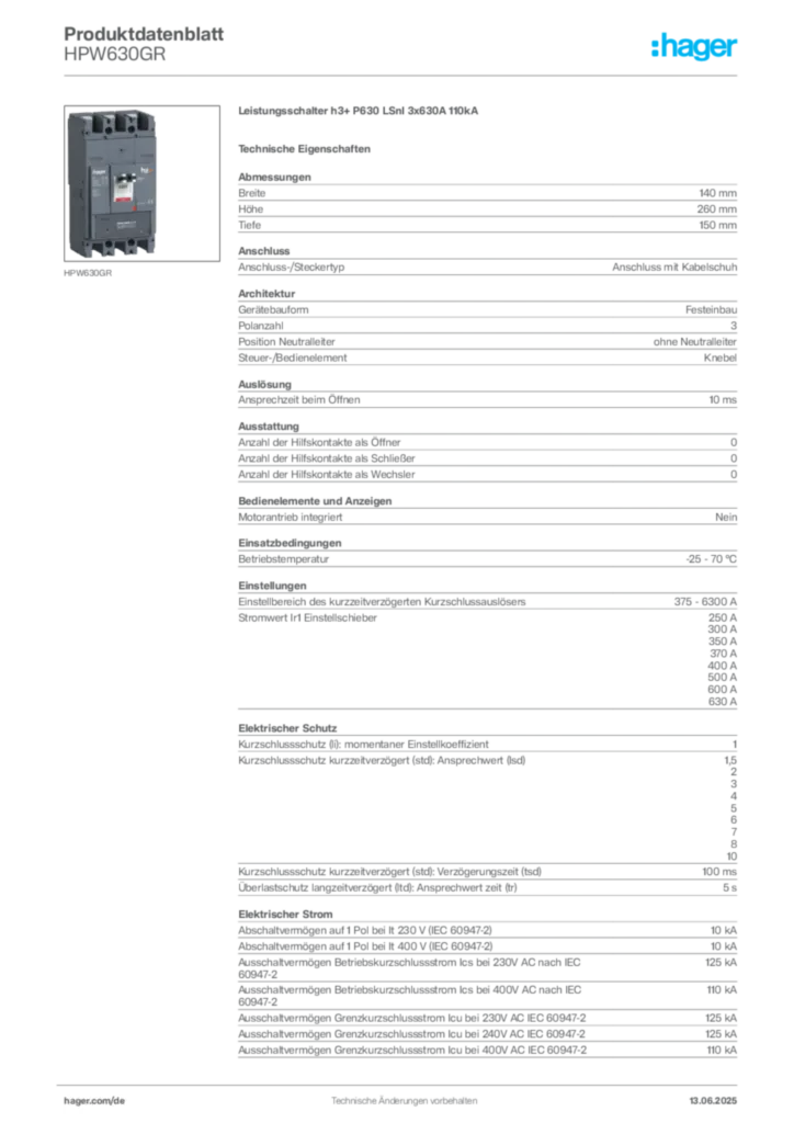 Bild Hager Produktdatenblatt HPW630GR | Hager Deutschland