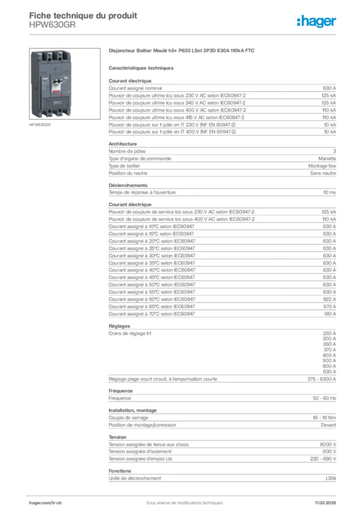 Image Hager Fiche technique du produit HPW630GR | Hager Suisse