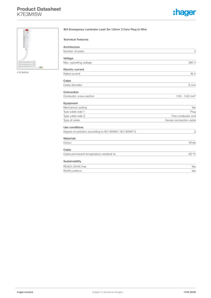 Image Hager Product data sheet K7E3M15W  | Hager