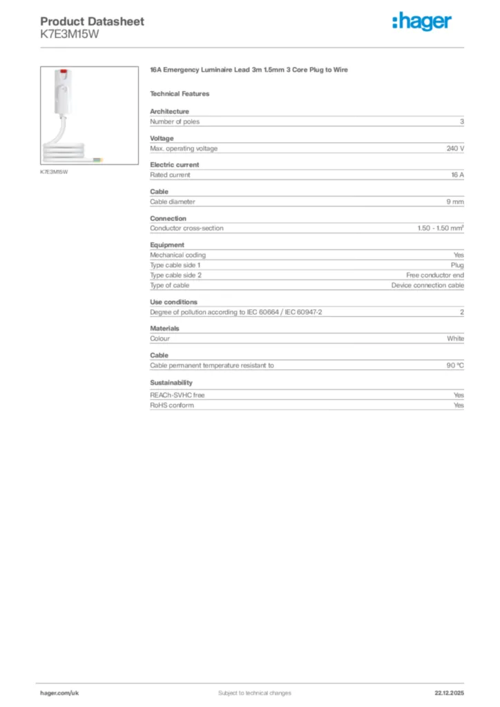 Image Hager Product data sheet K7E3M15W  | Hager